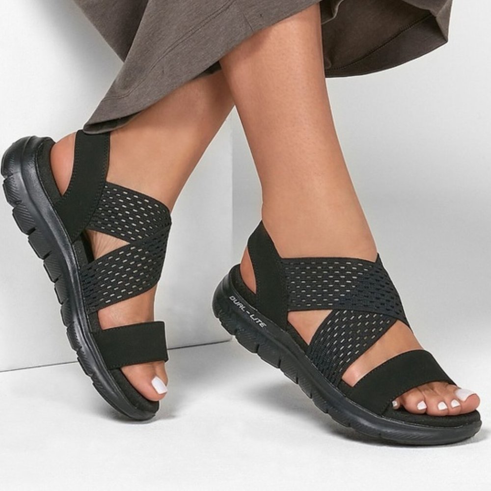 Sketchers Wide Width Sandals Flex Black 10 W